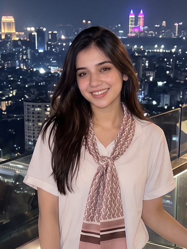 Woman standing on a rooftop bar with a cityscape view at night