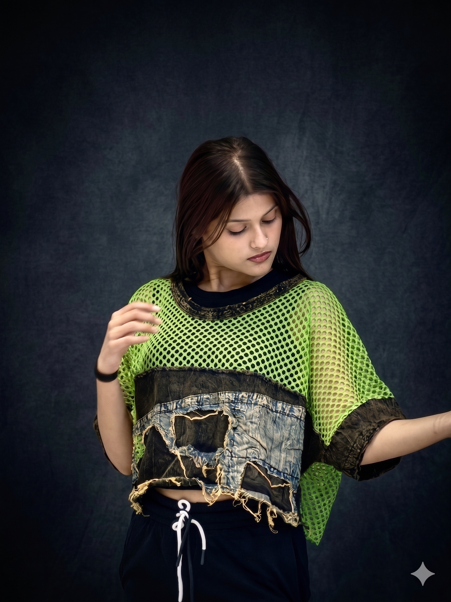 Green Netted Denim Freestyle Top
