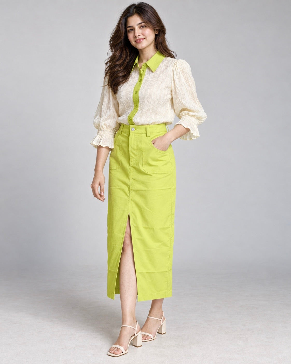 Ivory Textured Top with Lime Skirt