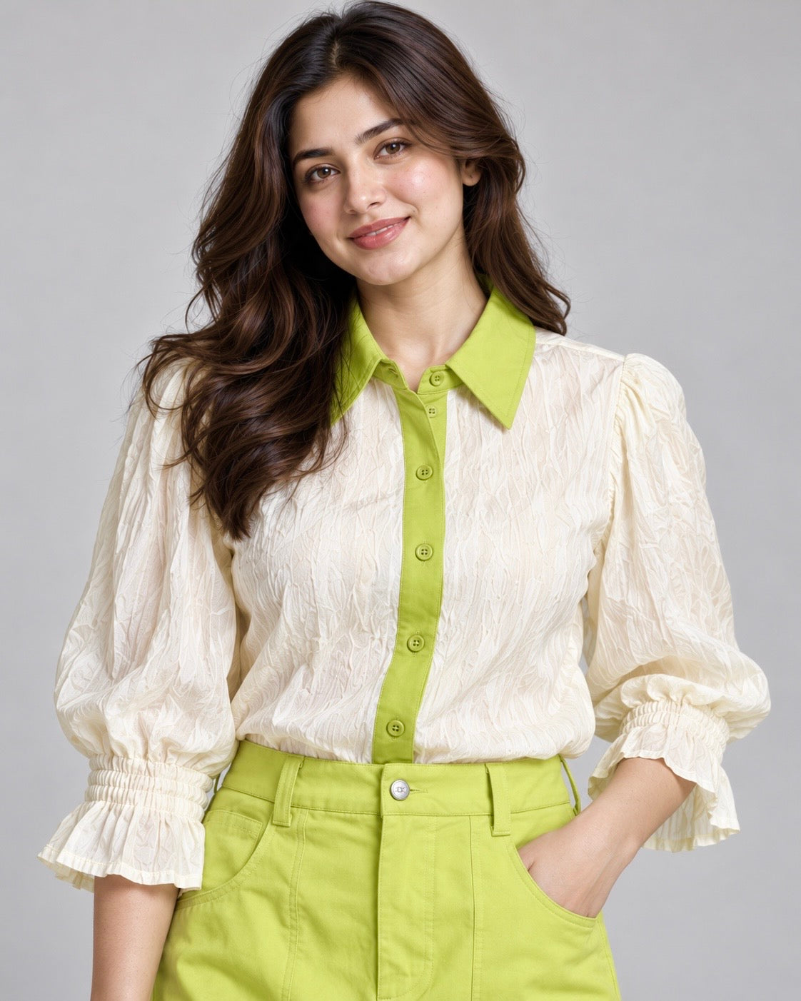 Ivory Textured Top with Lime Skirt