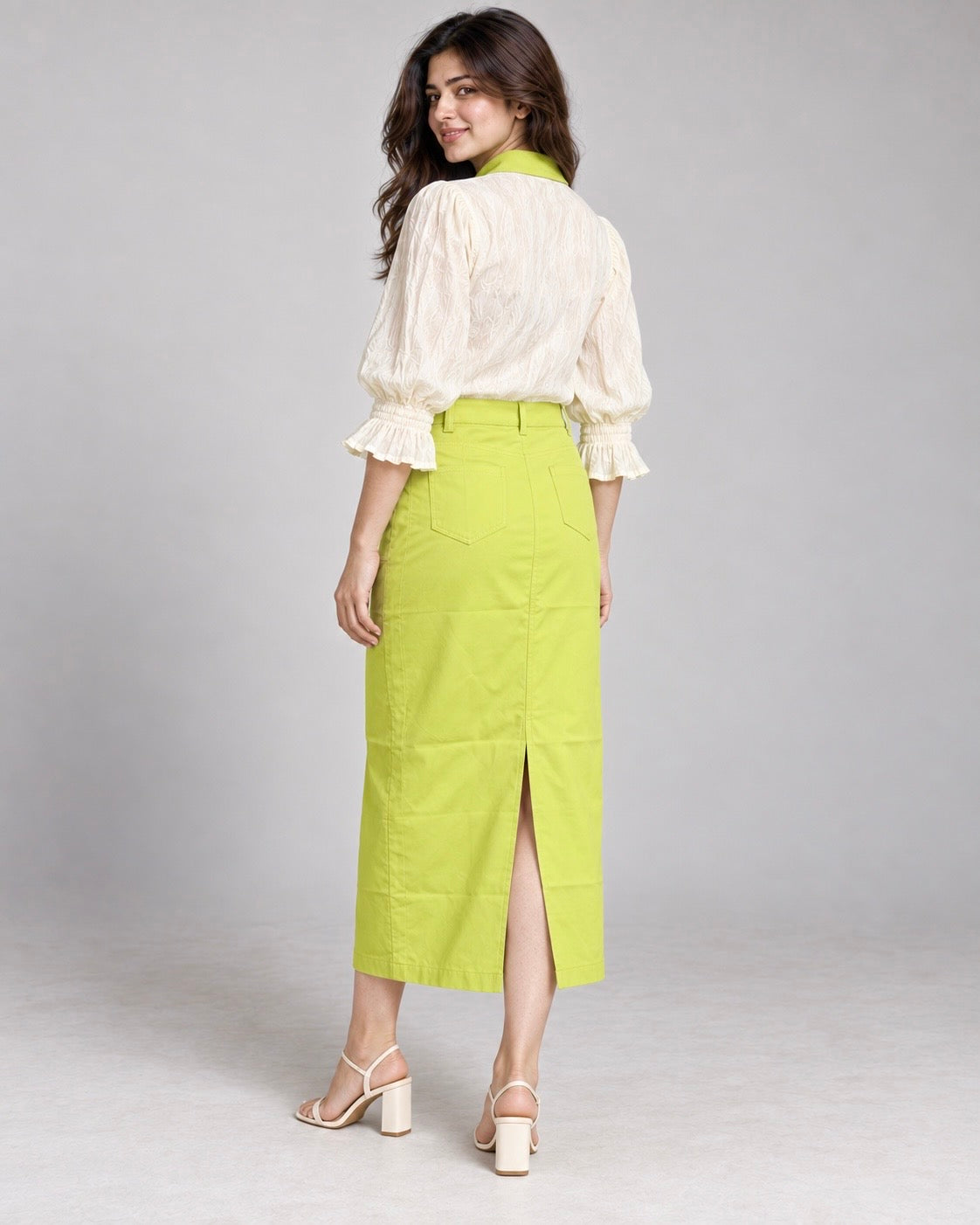 Ivory Textured Top with Lime Skirt