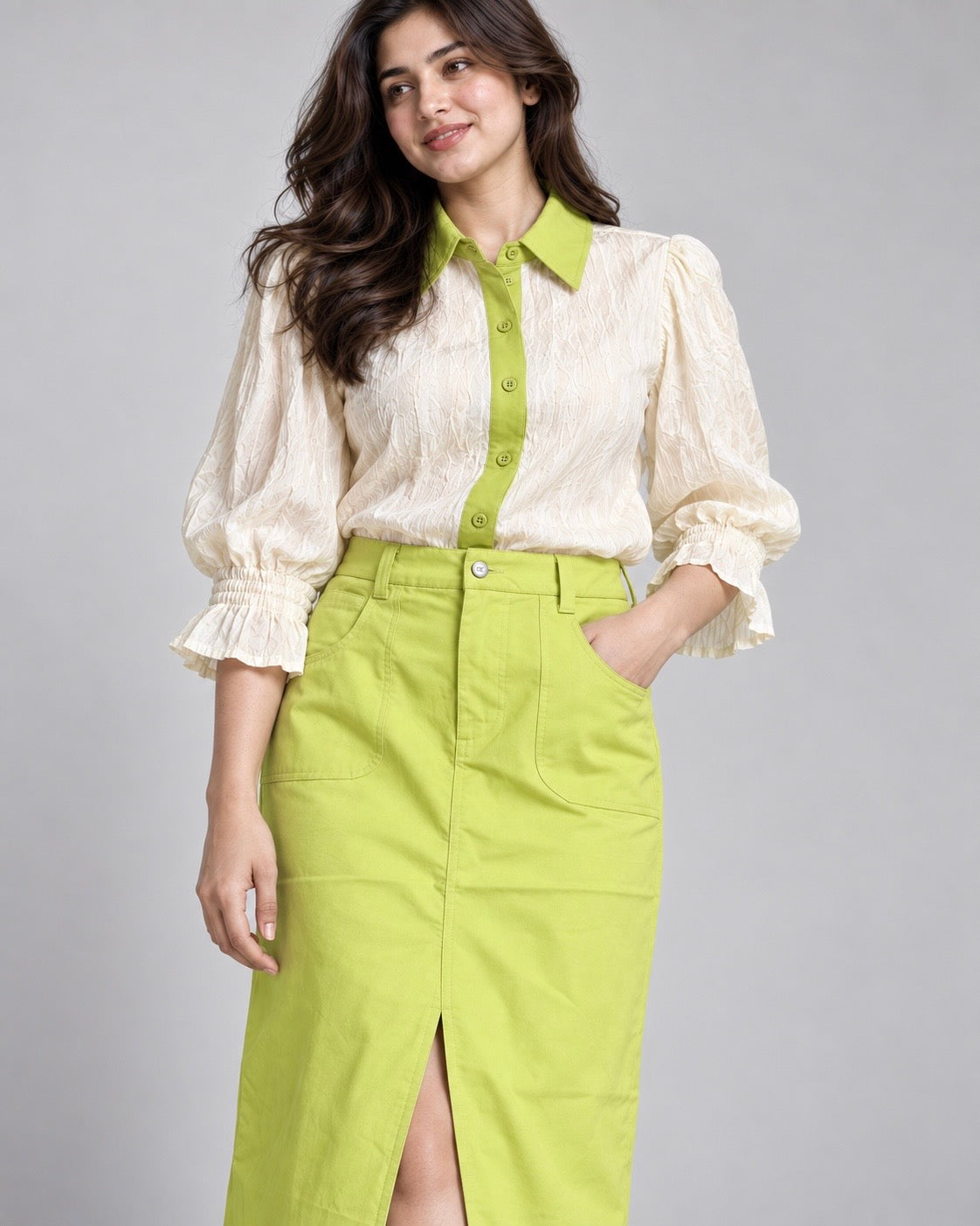 Ivory Textured Top with Lime Skirt