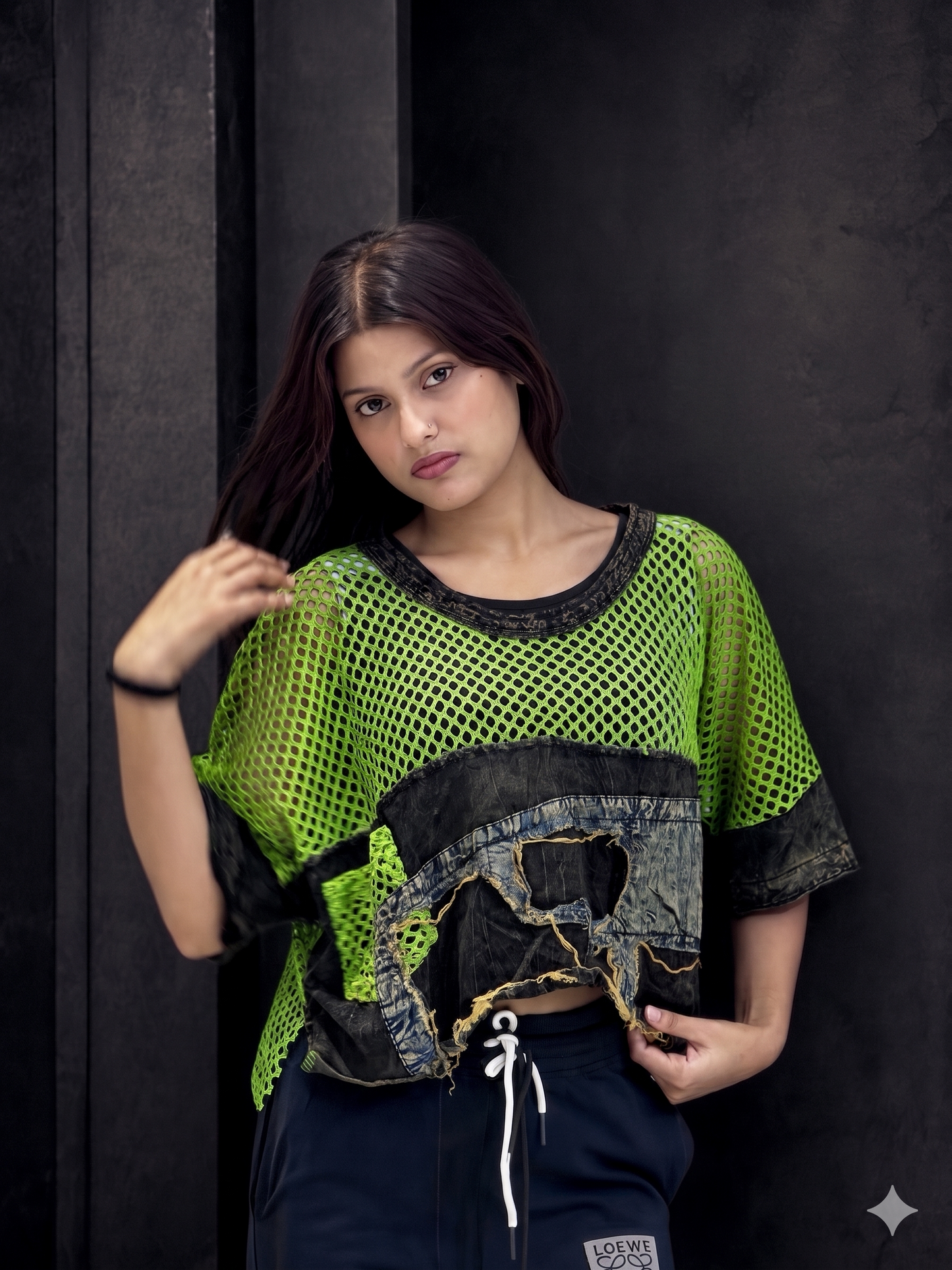 Green Netted Denim Freestyle Top