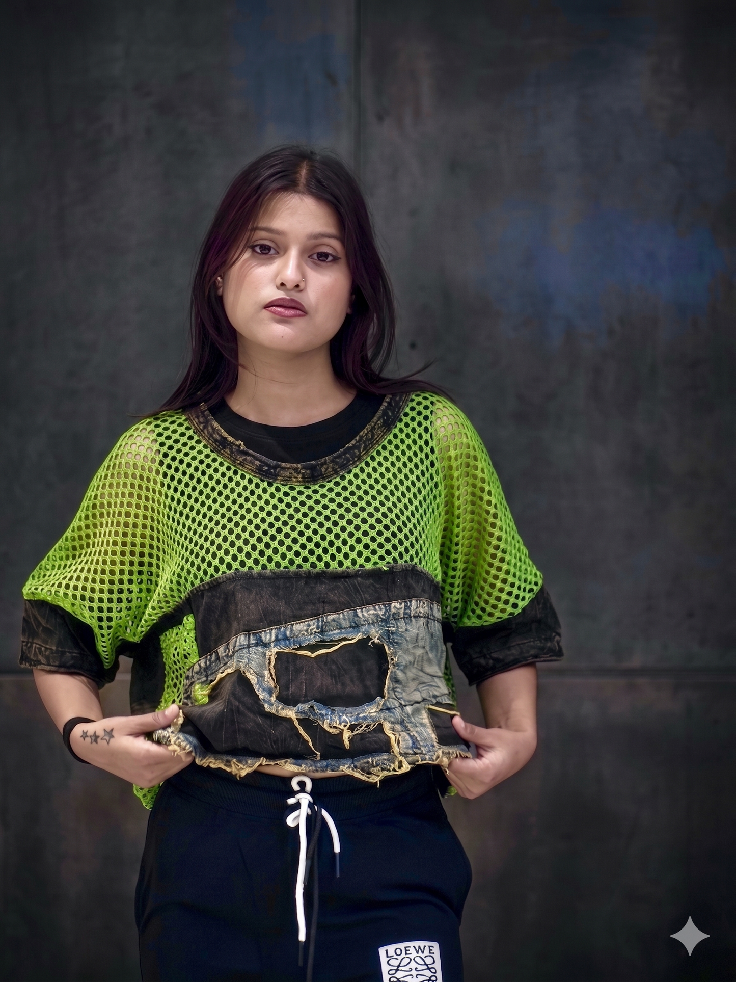 Green Netted Denim Freestyle Top