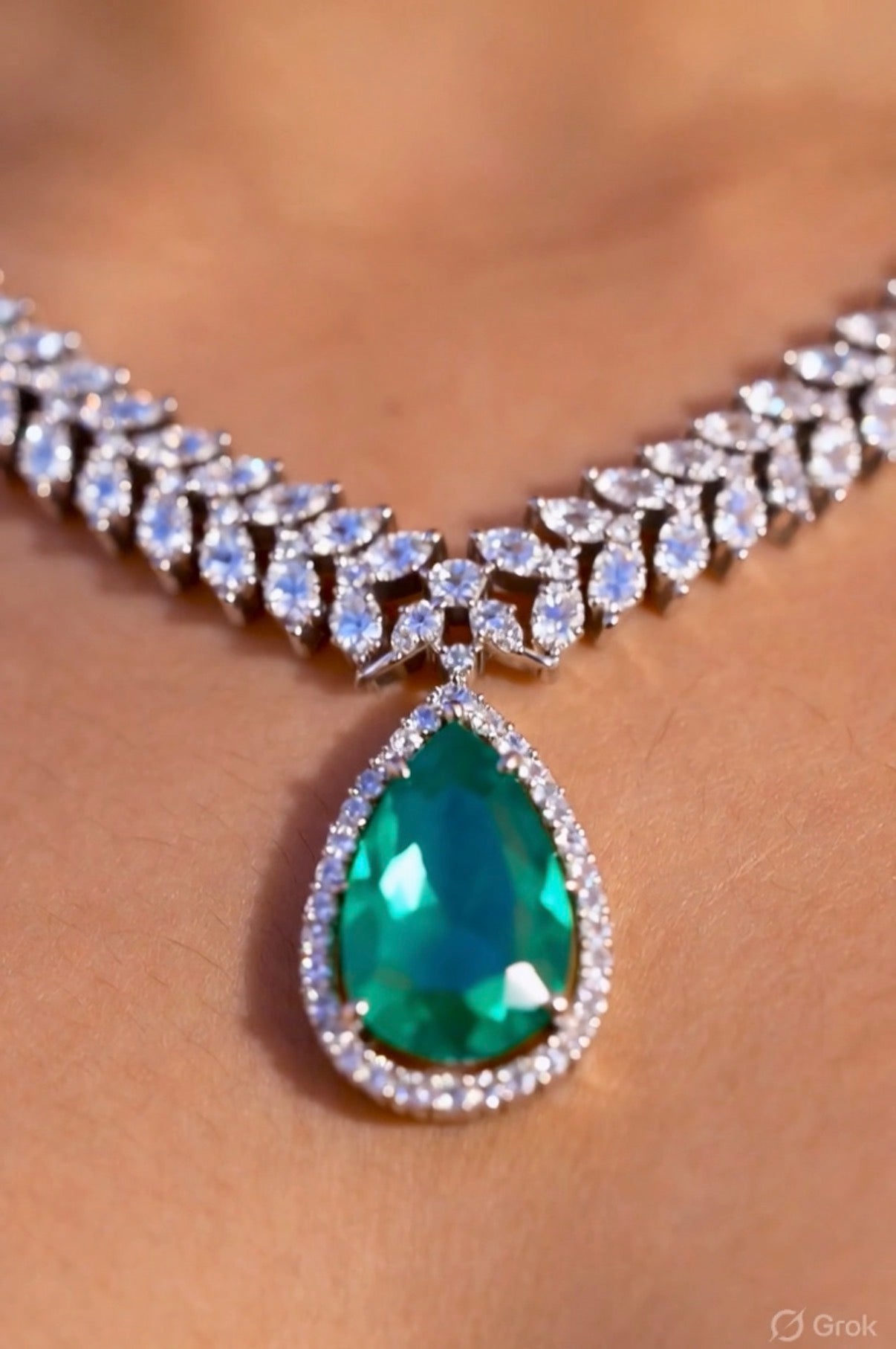 Silver Color Necklace Set With Emerald Green Pendant
